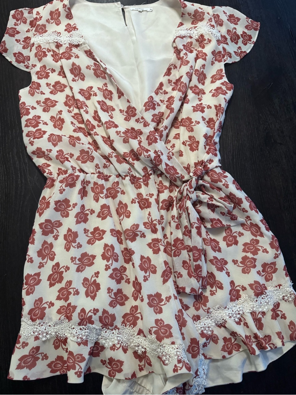 Girls Cream and Dusty Rose Floral Lace-Trimmed Wrap Romper